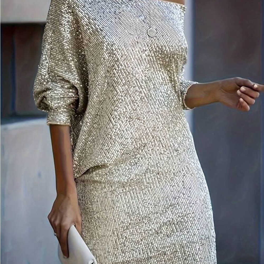 Metallic Gold Sequin Off-Shoulder Glittery Slip Women's Dress